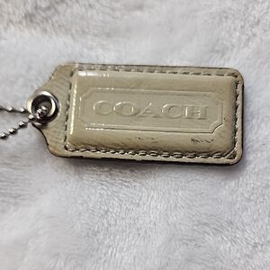 Coach Beige Patent Leather Tag Keychain with Silver Chain GUC